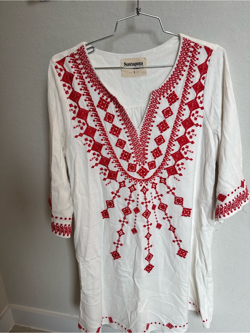 Savanna Jane White Tunic with Red Embroidered V-Neck
